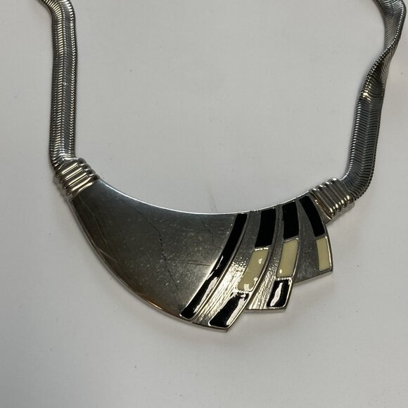 Chicos Bib Necklace Chunky Silvertone Enamel Deco Style Choker Modern Costume - Picture 2 of 10